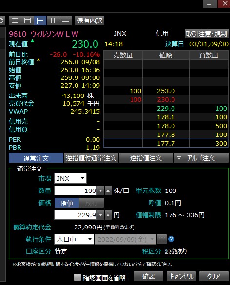 JNXを使った売り注文の例
